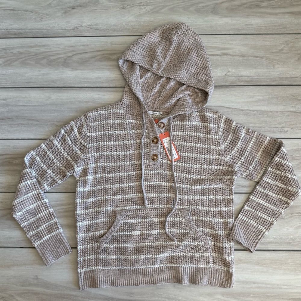 Staccato Stripe Henley Waffle Hoodie Sweater Tan Medium NWT